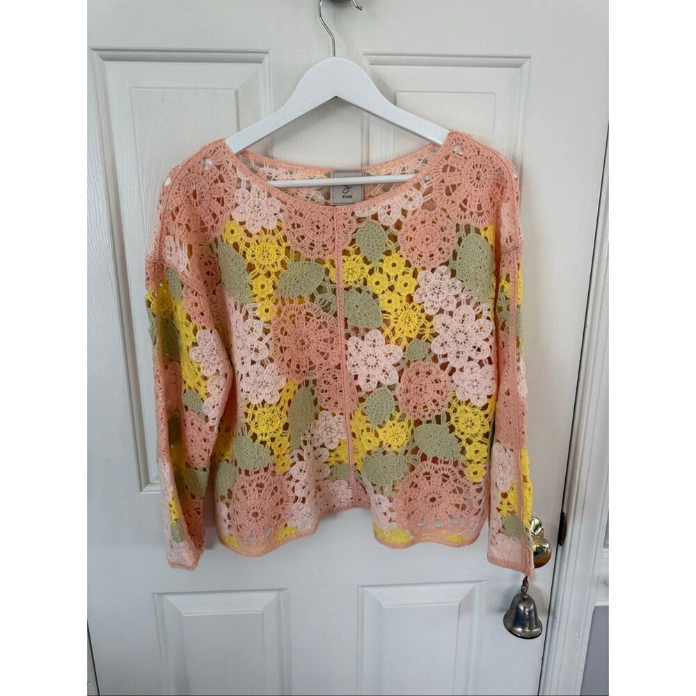 Sioni Peach & Yellow Floral Crochet Sweater sz L NWOT